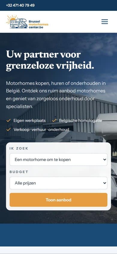 Homepage van Brussel Motorhomes Center op een gsm